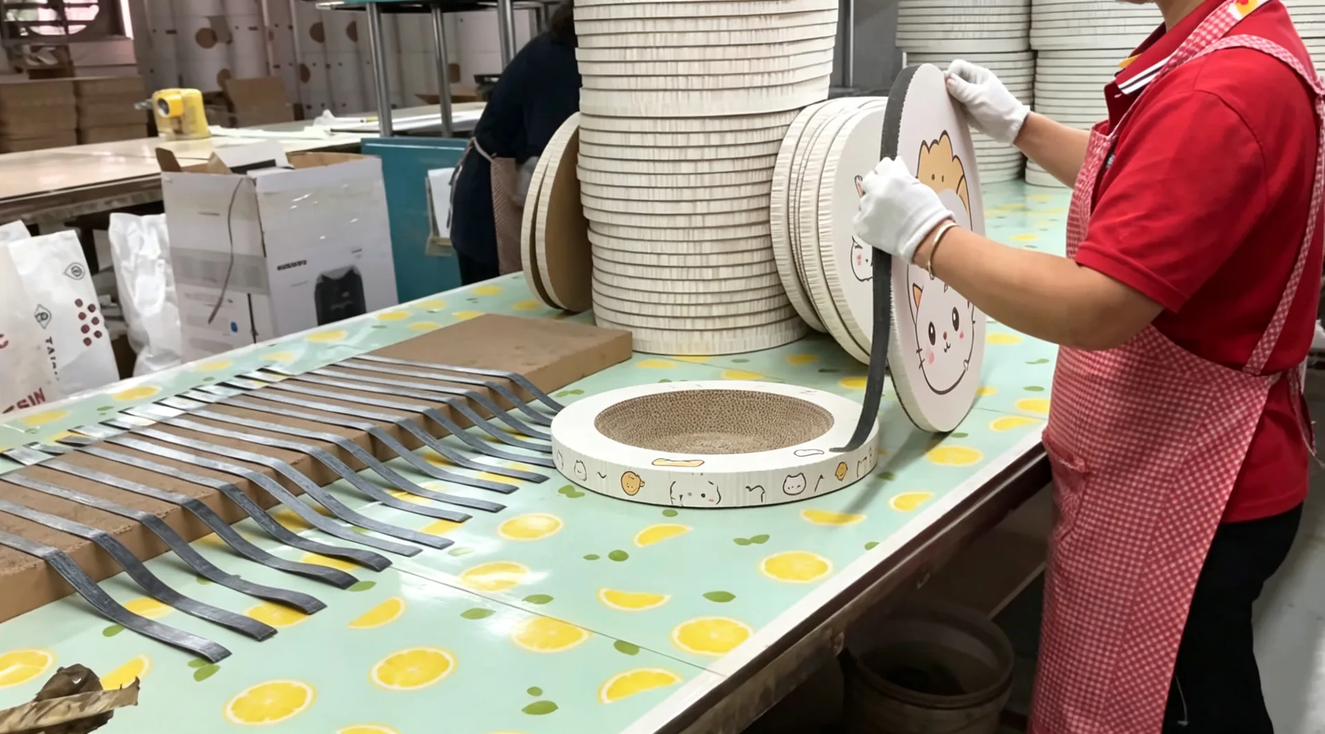 A gloved maker fitting a printed scratcher ring by hand so the joint sits tight and the print lines up.