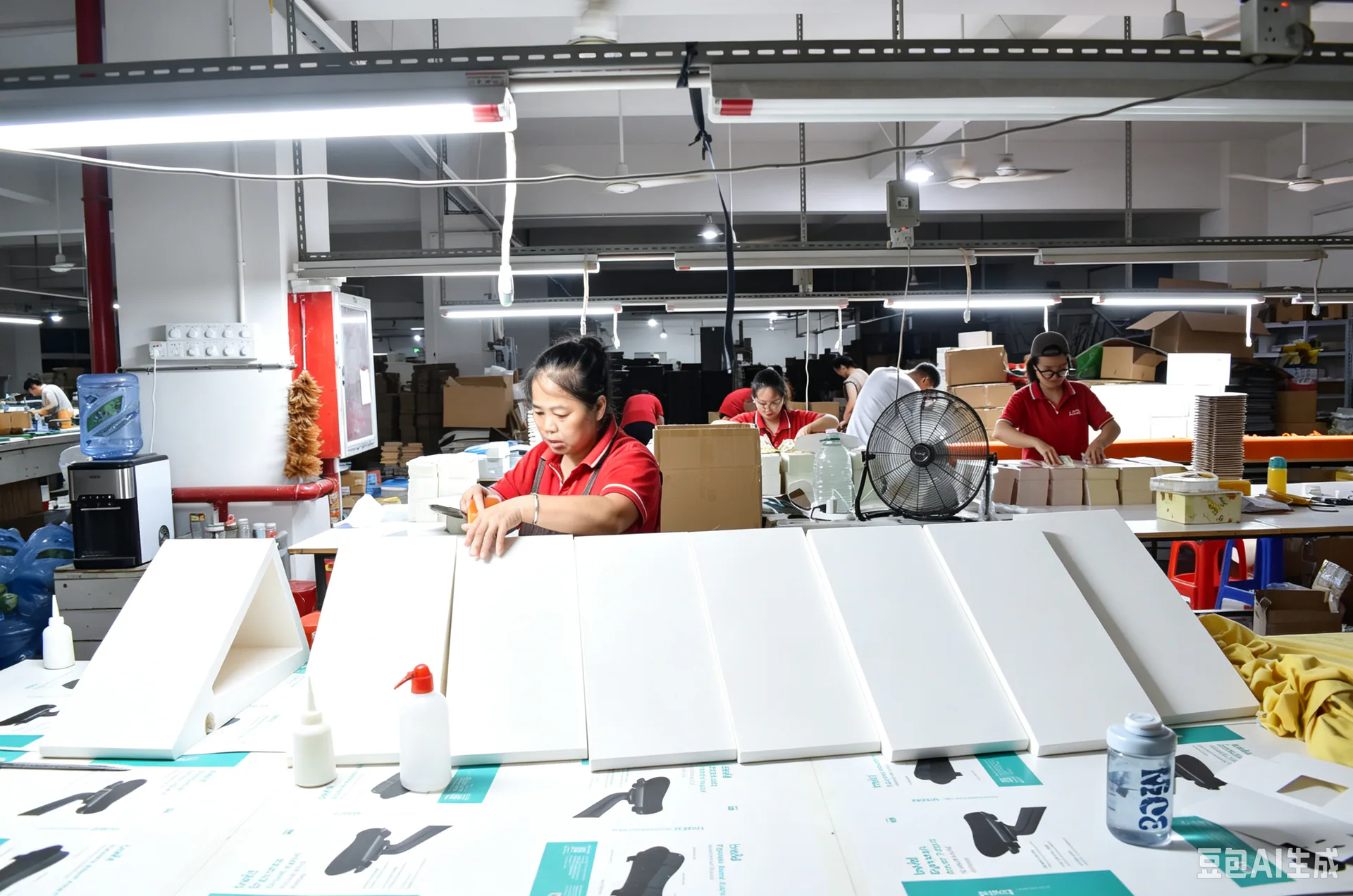 Makers gluing white corrugated panels into scratcher structures on a long, well-lit assembly bench.