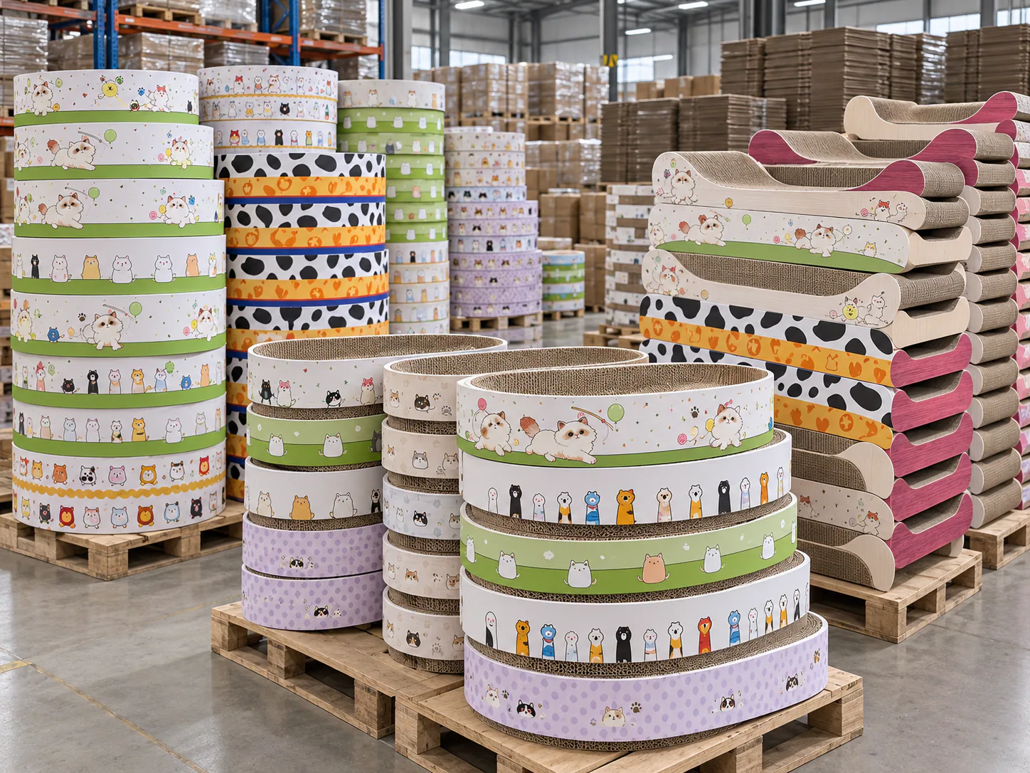 Mixed-print scratcher rings grouped on pallets, several retail looks from one factory floor.