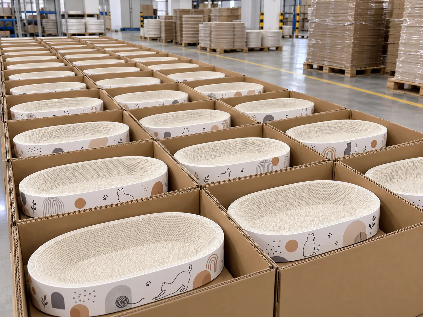 Oval scratcher beds lined up for packing, a calm repeat of the same lounge shape across the floor.