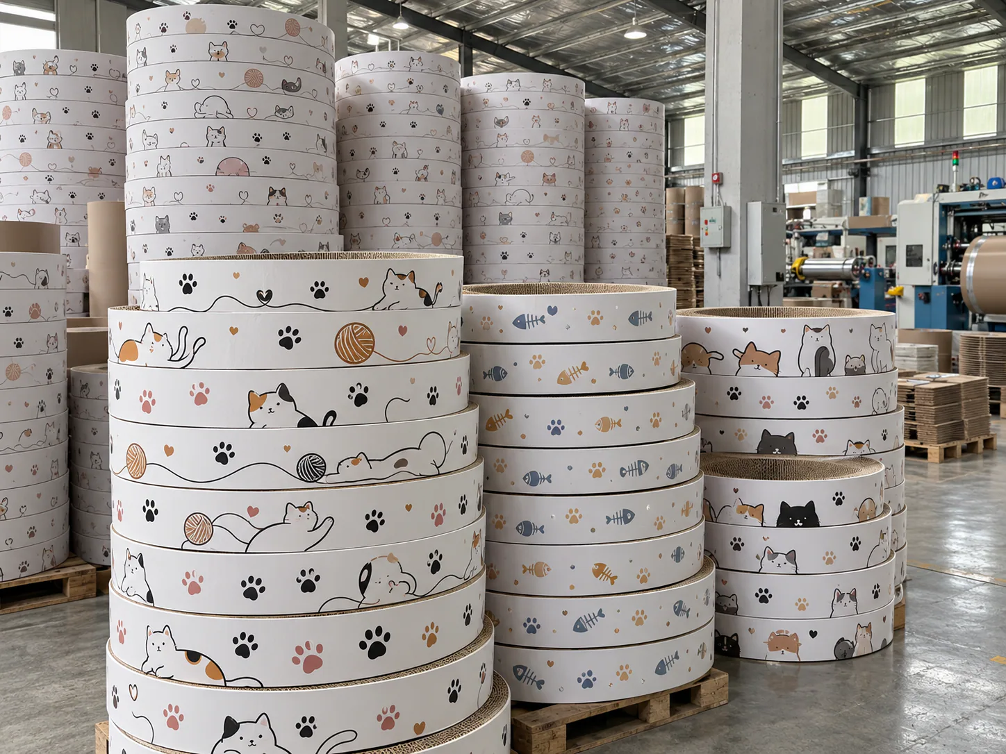 Paw-print scratcher rings ready on pallets, a retail pattern in a full production stack.