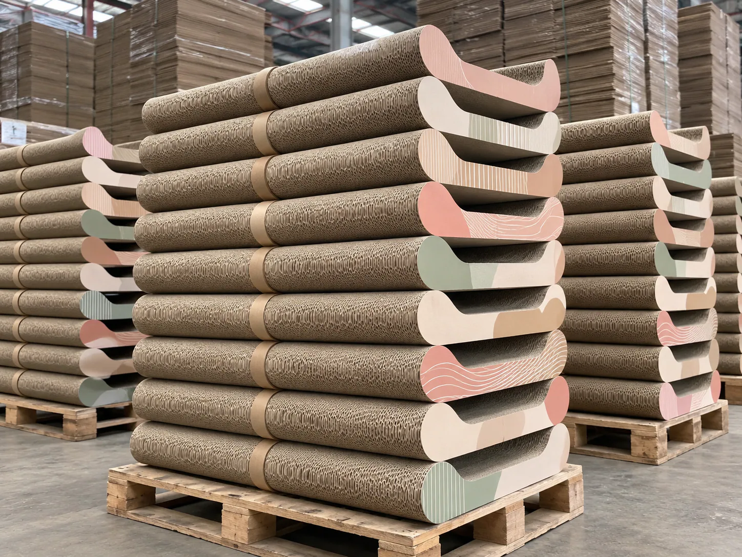 Printed scratcher lounges stacked for retail, pastel faces repeating down the pallet.