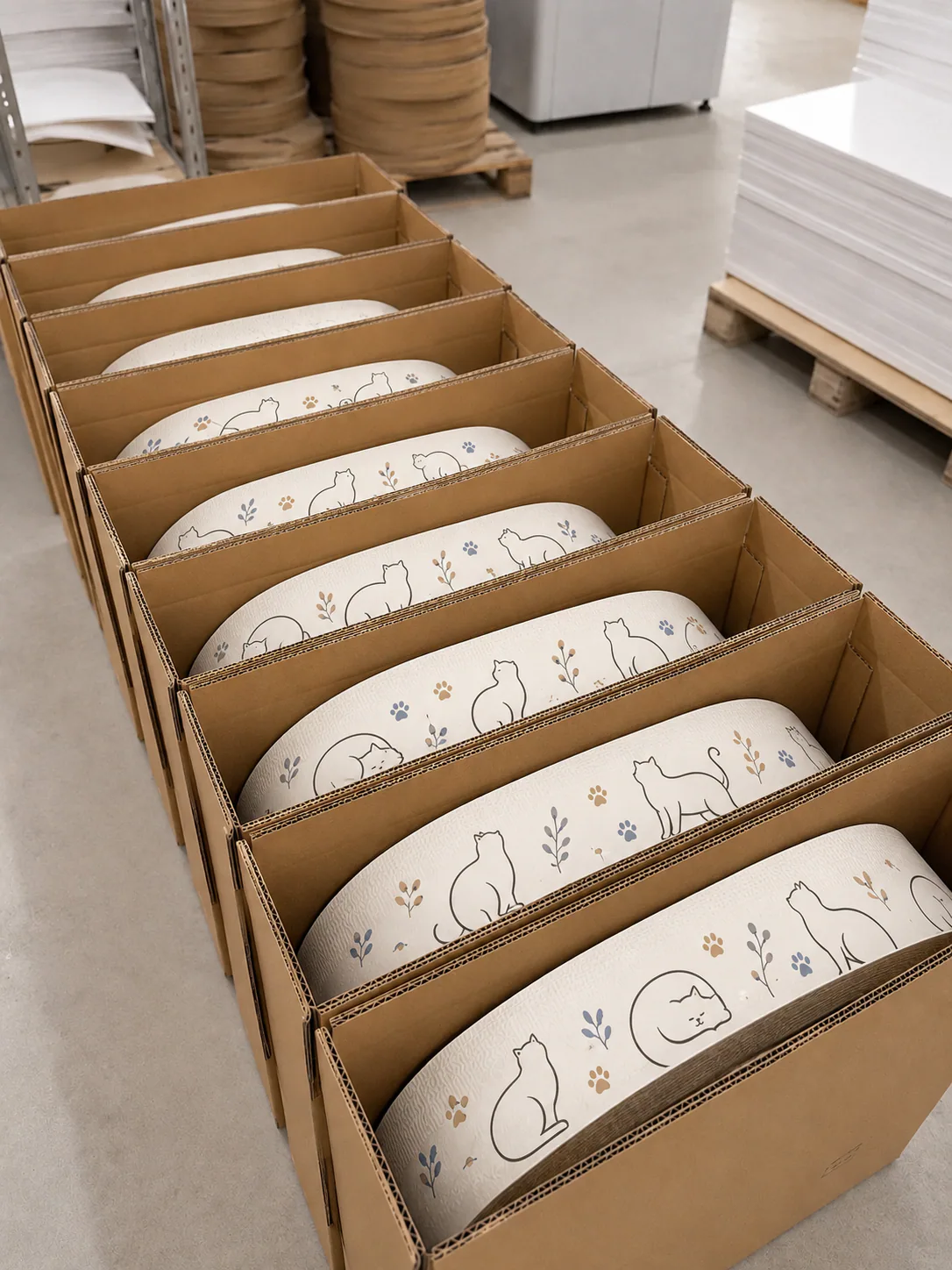 Scratcher rings flat-packed in open cartons, nested so more product ships in less space.