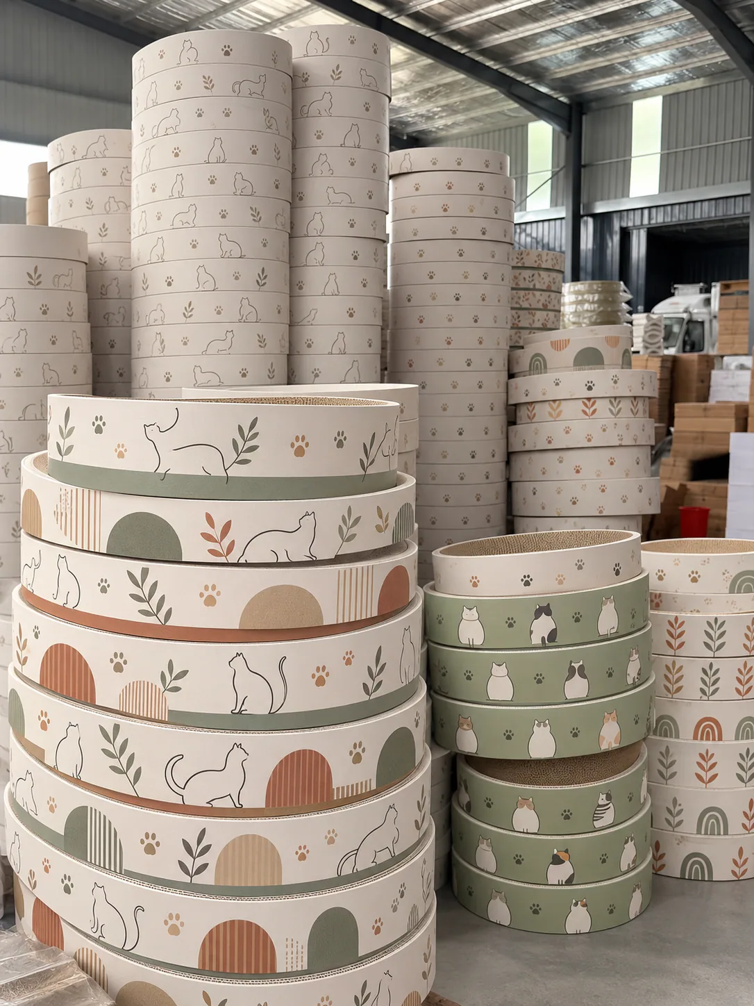 Standing rings of printed cat scratchers, a tall display of repeatable round forms ready to pack.