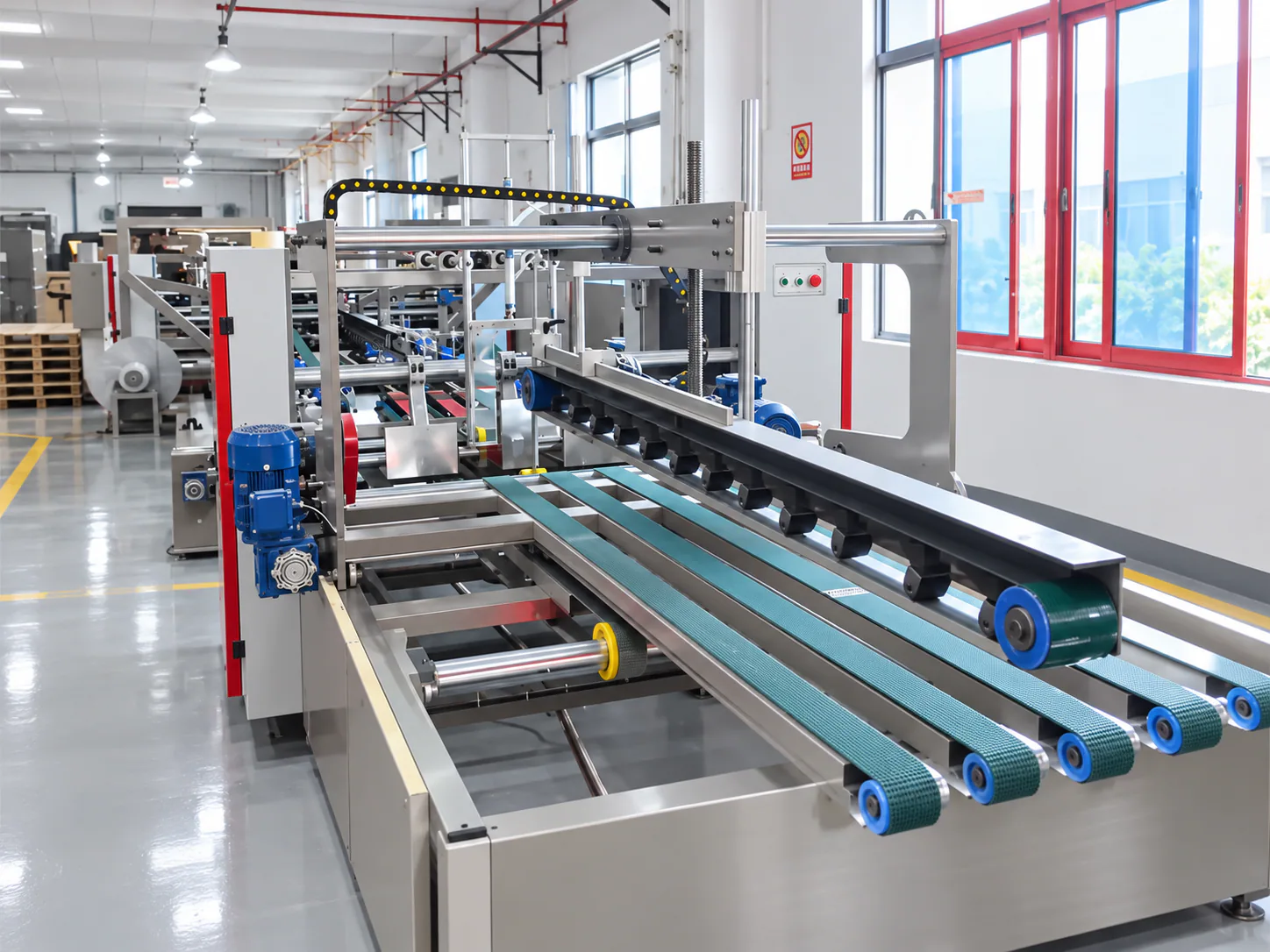 Automatic folder-gluer belt line, folding and bonding corrugated parts for cat furniture at speed.