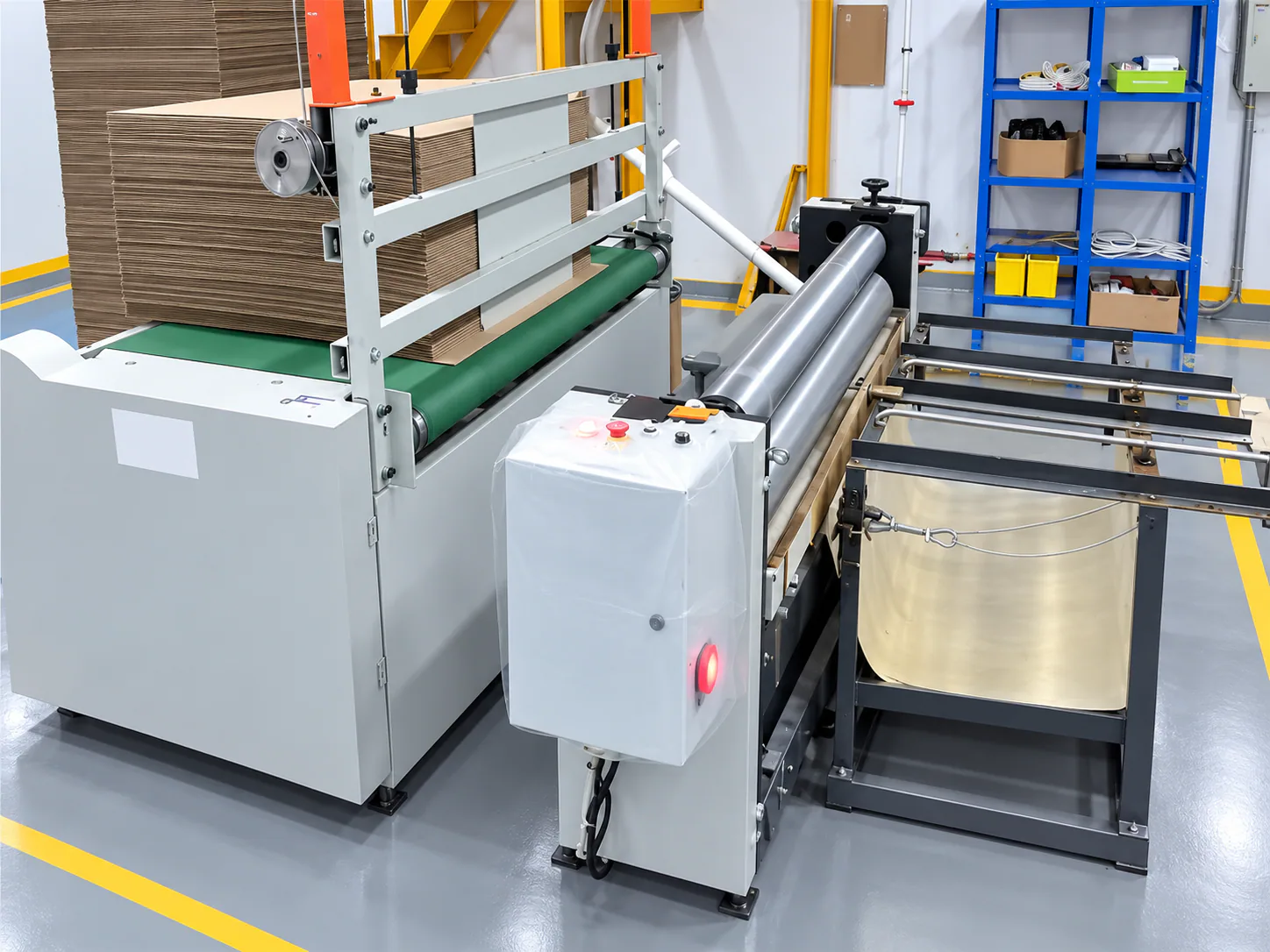 Corrugated board moving through the laminator for a smooth, print-ready face on cat furniture.
