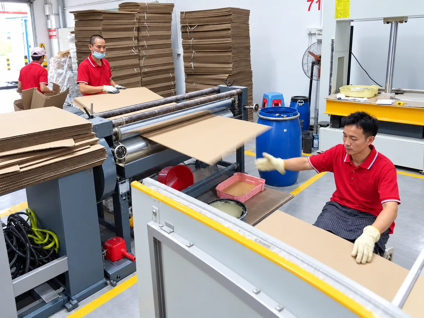 Operators feeding the laminator so printed faces bond flat onto corrugated scratcher board.
