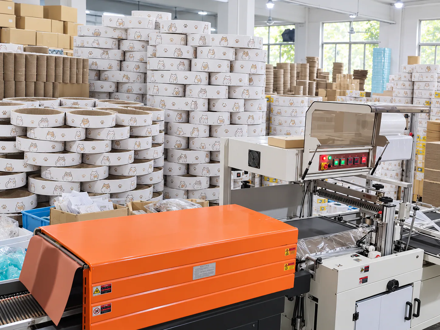 Stretch wrap locking export pallets of finished scratcher cartons for a stable trip out of the plant.