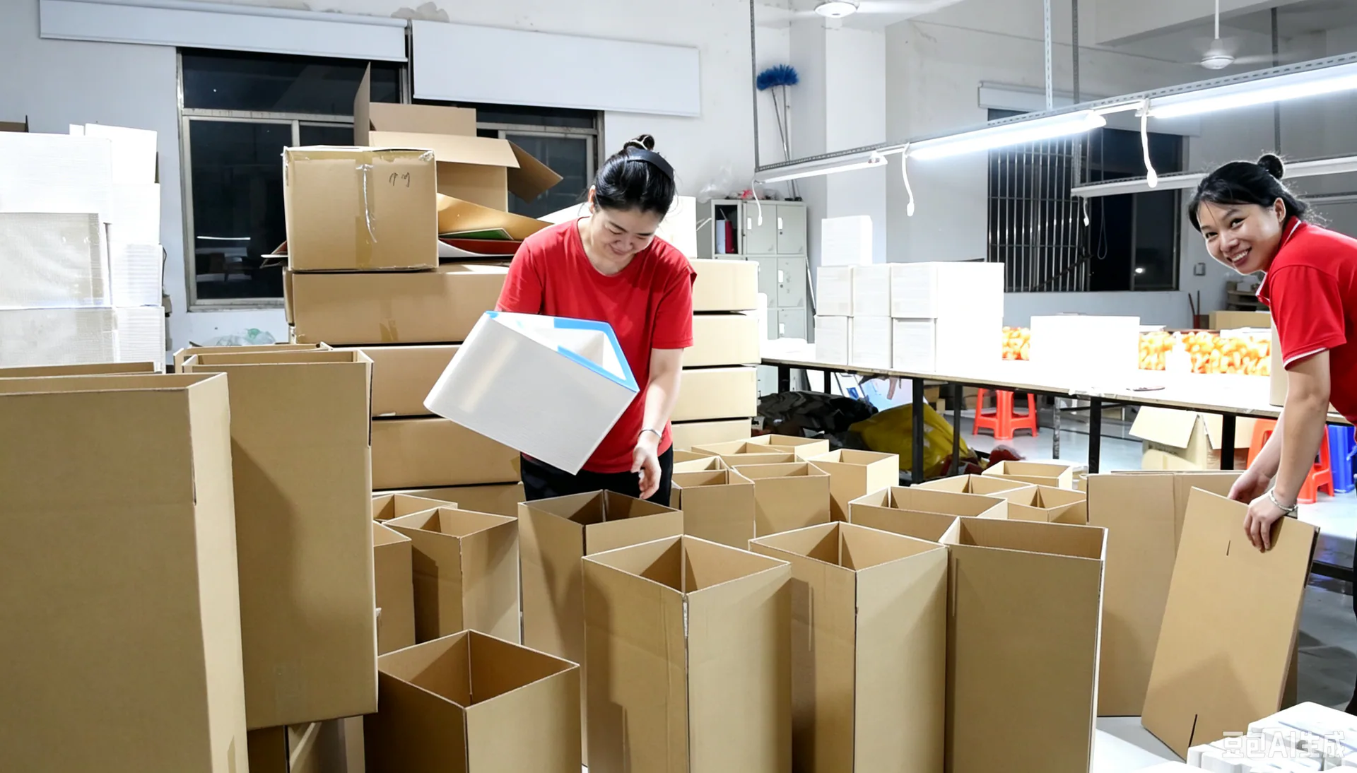 The packing team loading scratchers into export cartons, each box staged for a clean count.