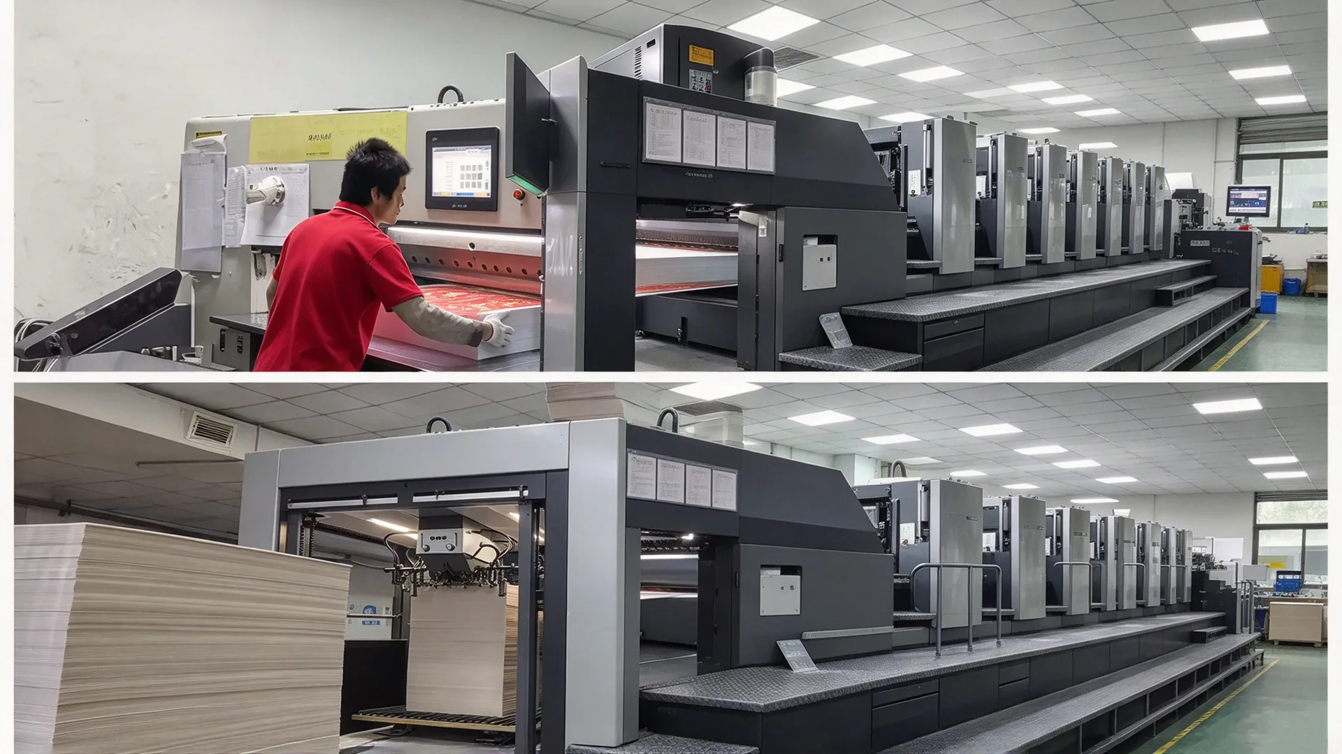 The offset line running printed corrugated board for branded cat furniture, with the delivery stack building beside the press.