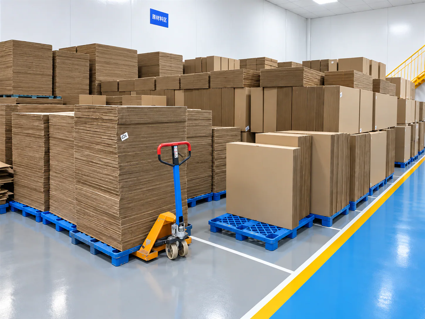 Deep reserves of corrugated sheet on color-coded pallets, staged so the line never waits on board.