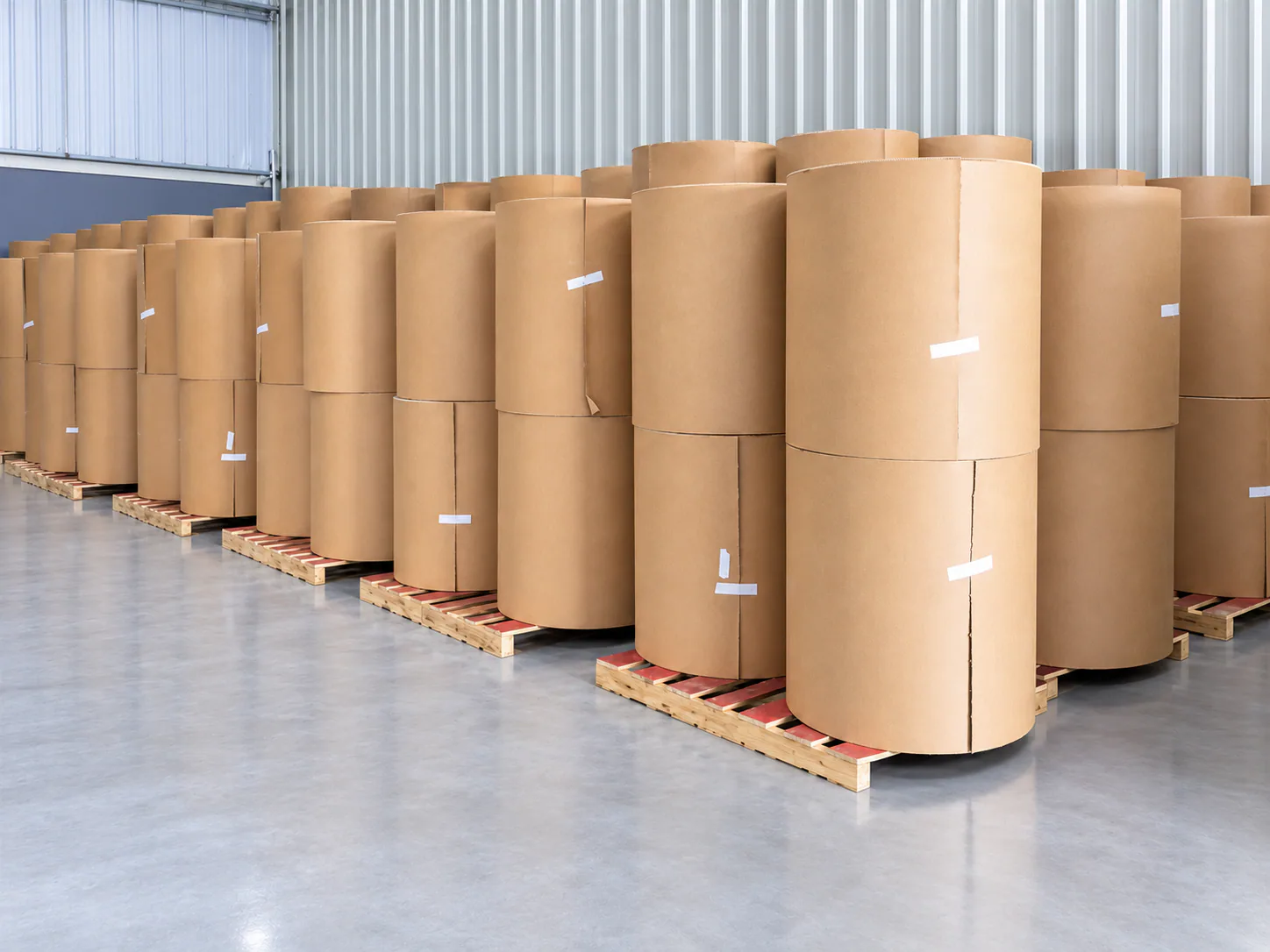 Rows of kraft rolls standing ready, the core material behind Petaful's corrugated cat furniture.