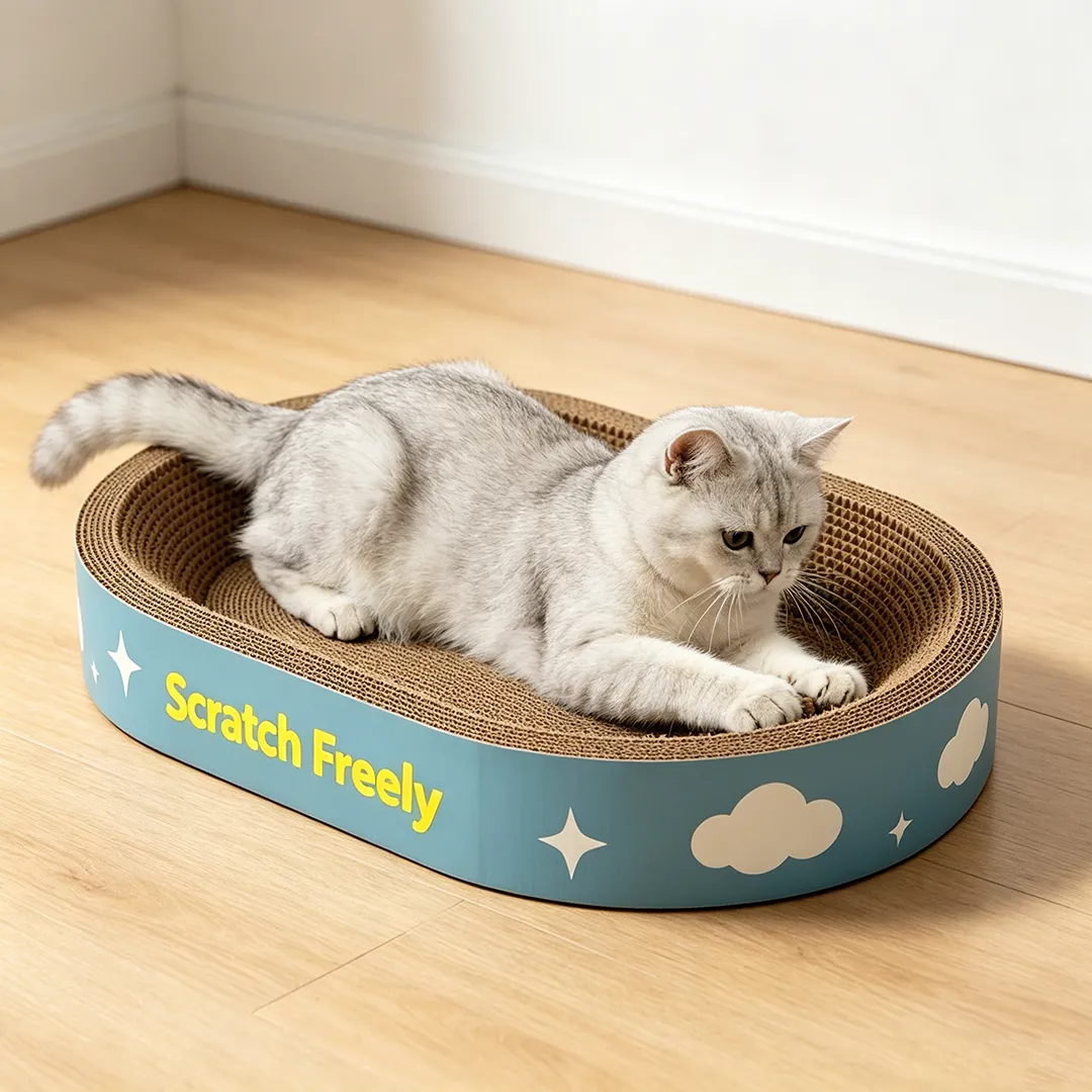 A silver tabby settled on a low oval corrugated scratcher pad, made for easy daily clawing and a calm place to stretch.