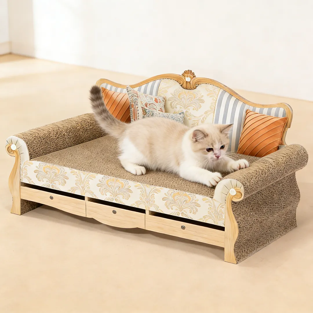 A cream cat resting on a corrugated sofa scratcher with printed cushions, a lounge shape built for longer naps.