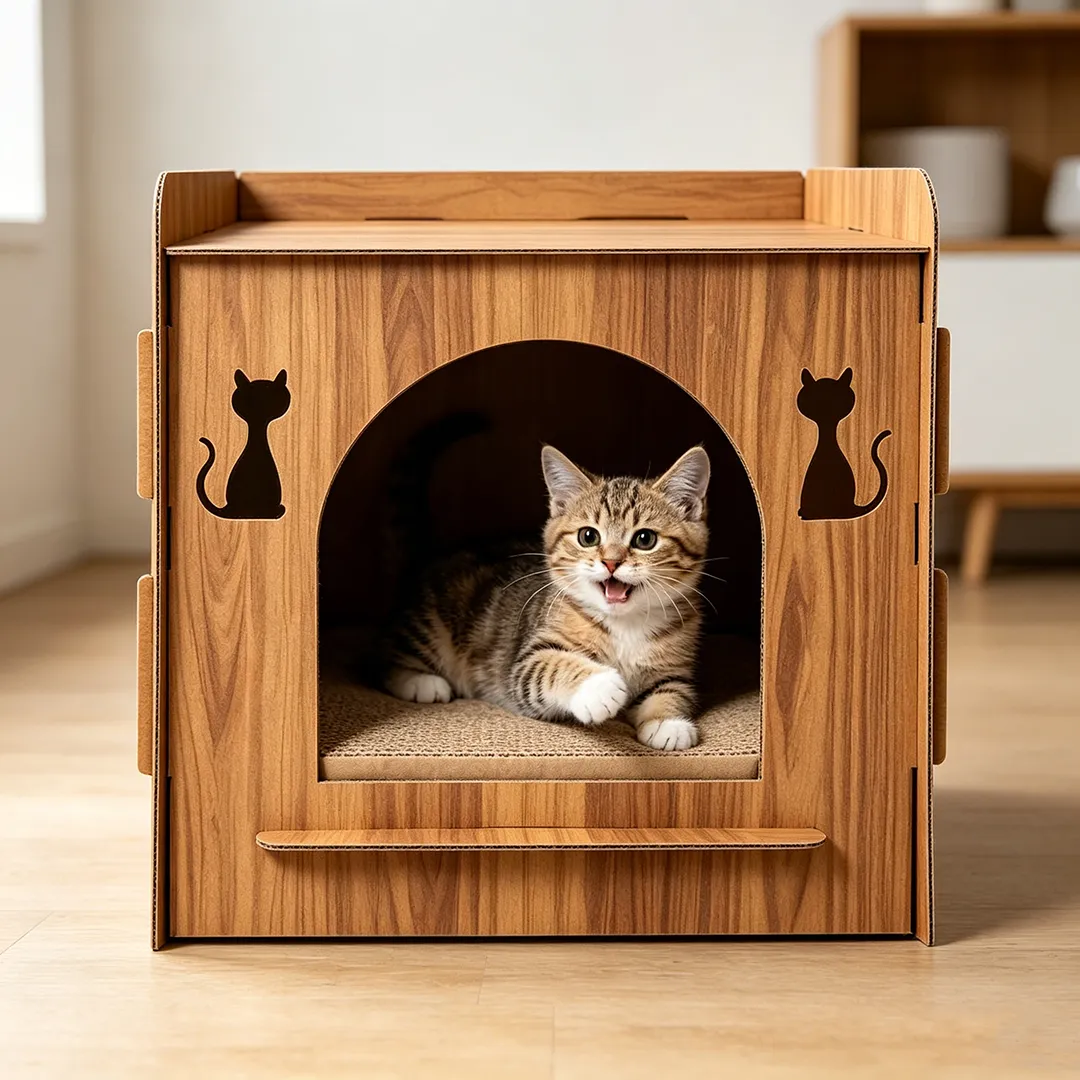 A tabby kitten tucked inside a wood-print cardboard cat house, with a generous arched door and a quiet hideaway.
