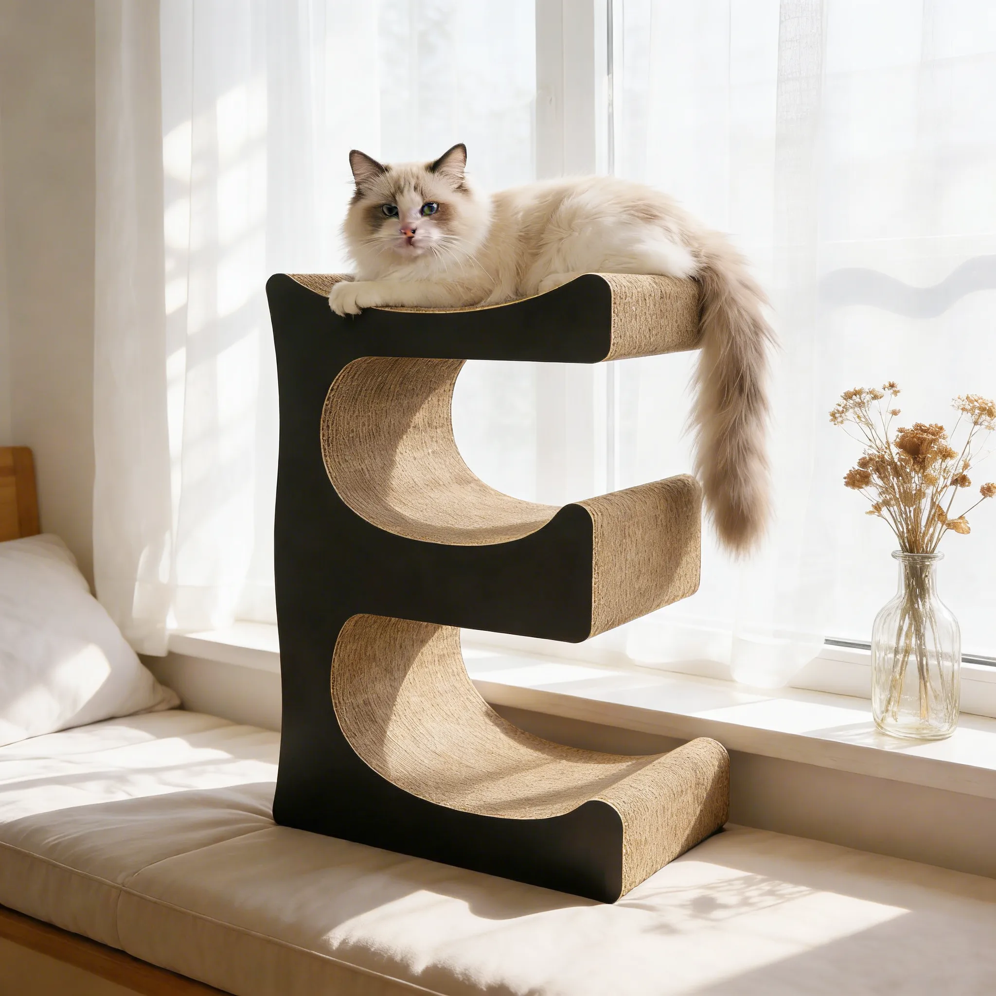 A corrugated scratching post and climbing tree, with a steady base and a tall face cats can really use.