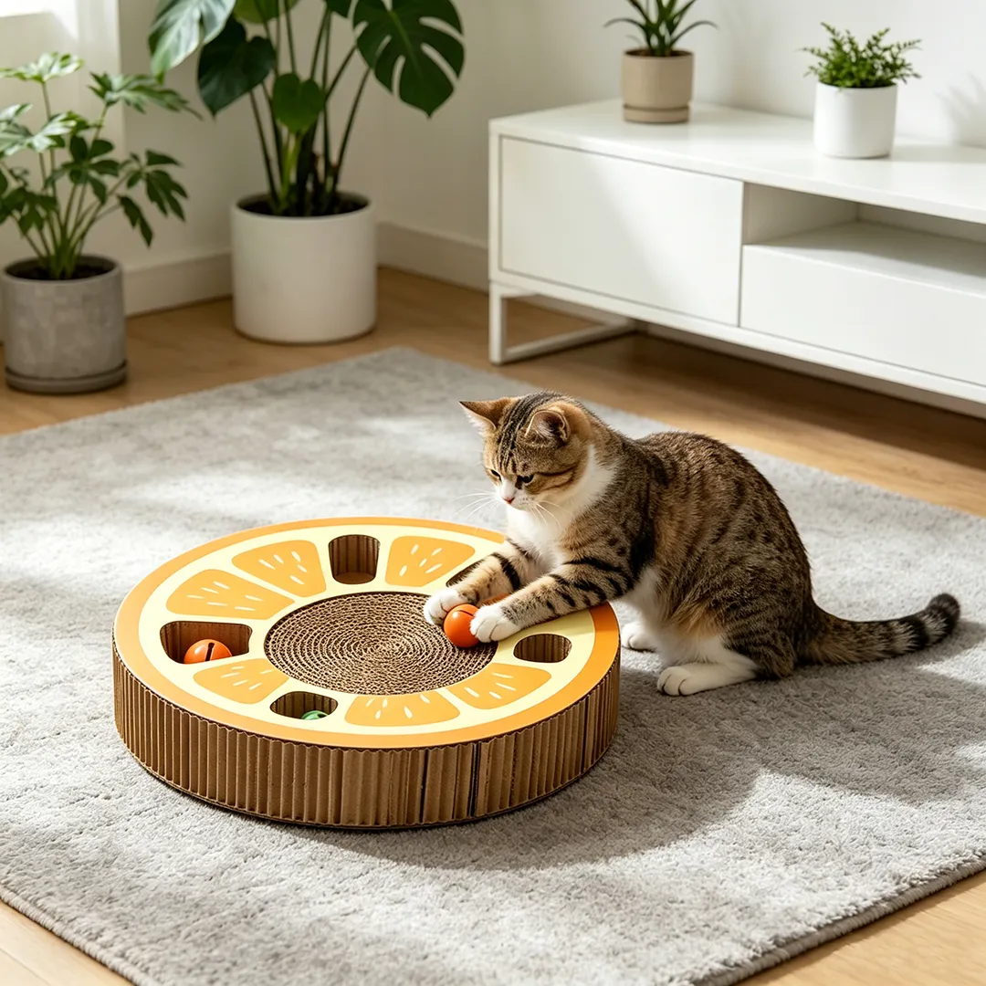A tabby batting a round corrugated puzzle toy and a bright orange ball, a playful add-on beside the scratcher range.