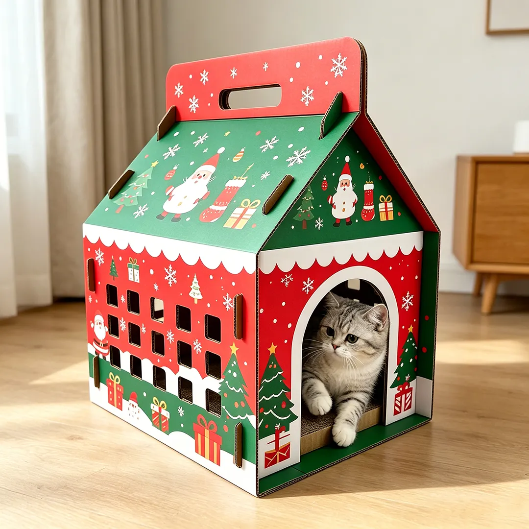 A grey cat inside a Christmas-print cardboard house, Santa and tree artwork wrapping a seasonal hideaway.