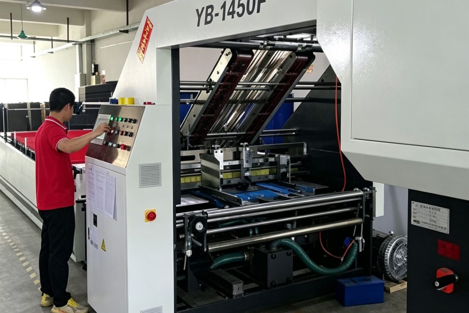 A folder-gluer operator at the finishing line, sending folded cat-furniture parts out neat and consistent.