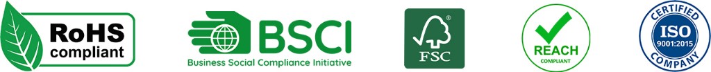 FSC, ISO 9001, and social-audit marks shown with the homepage